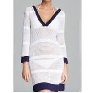New Tommy Bahama Women's Navy Crocheted Open Weave Net Cover Up Hoodie Size L